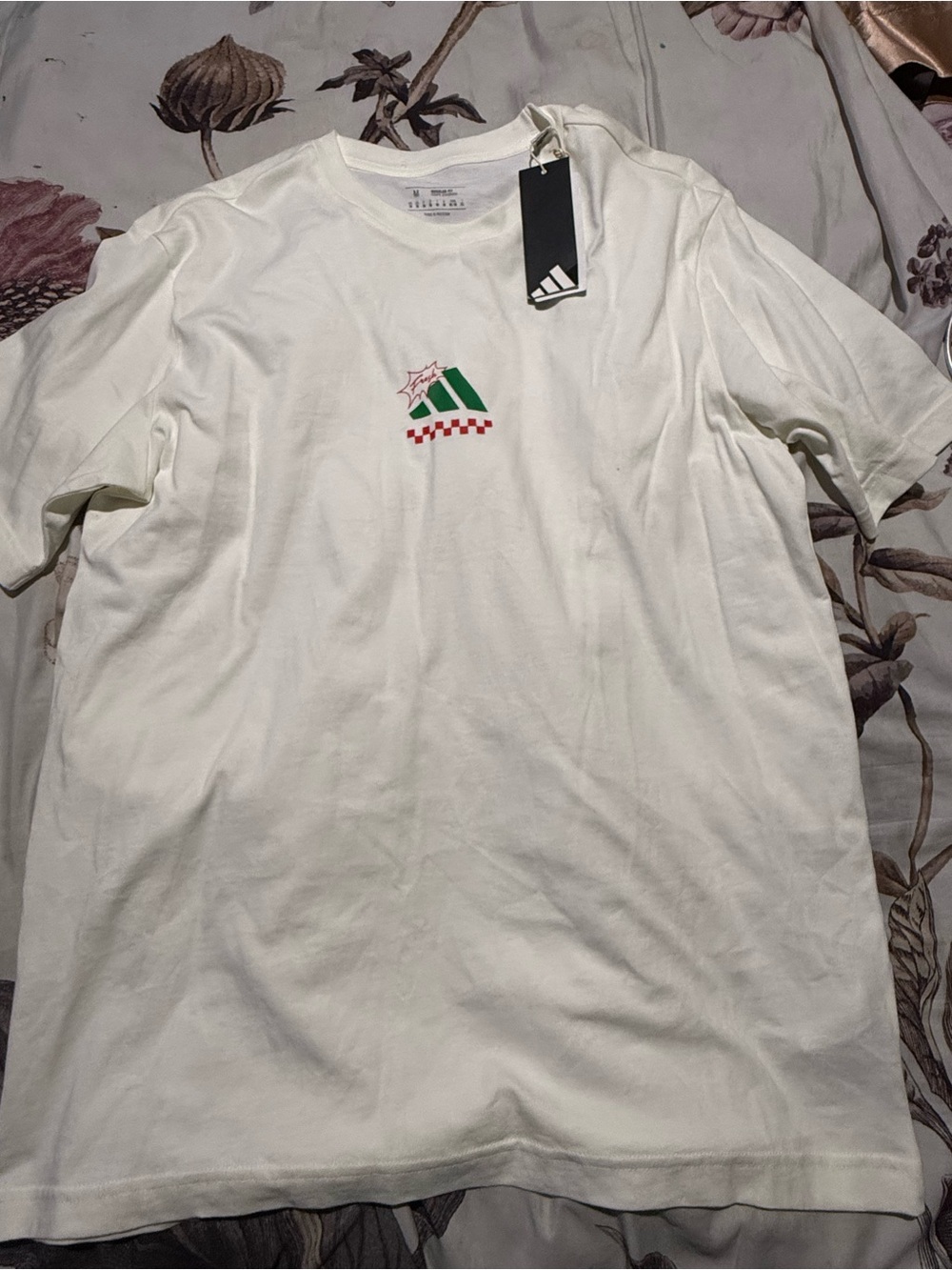 adidas White Short-Sleeve Tee with Green and Red Chest Logo
